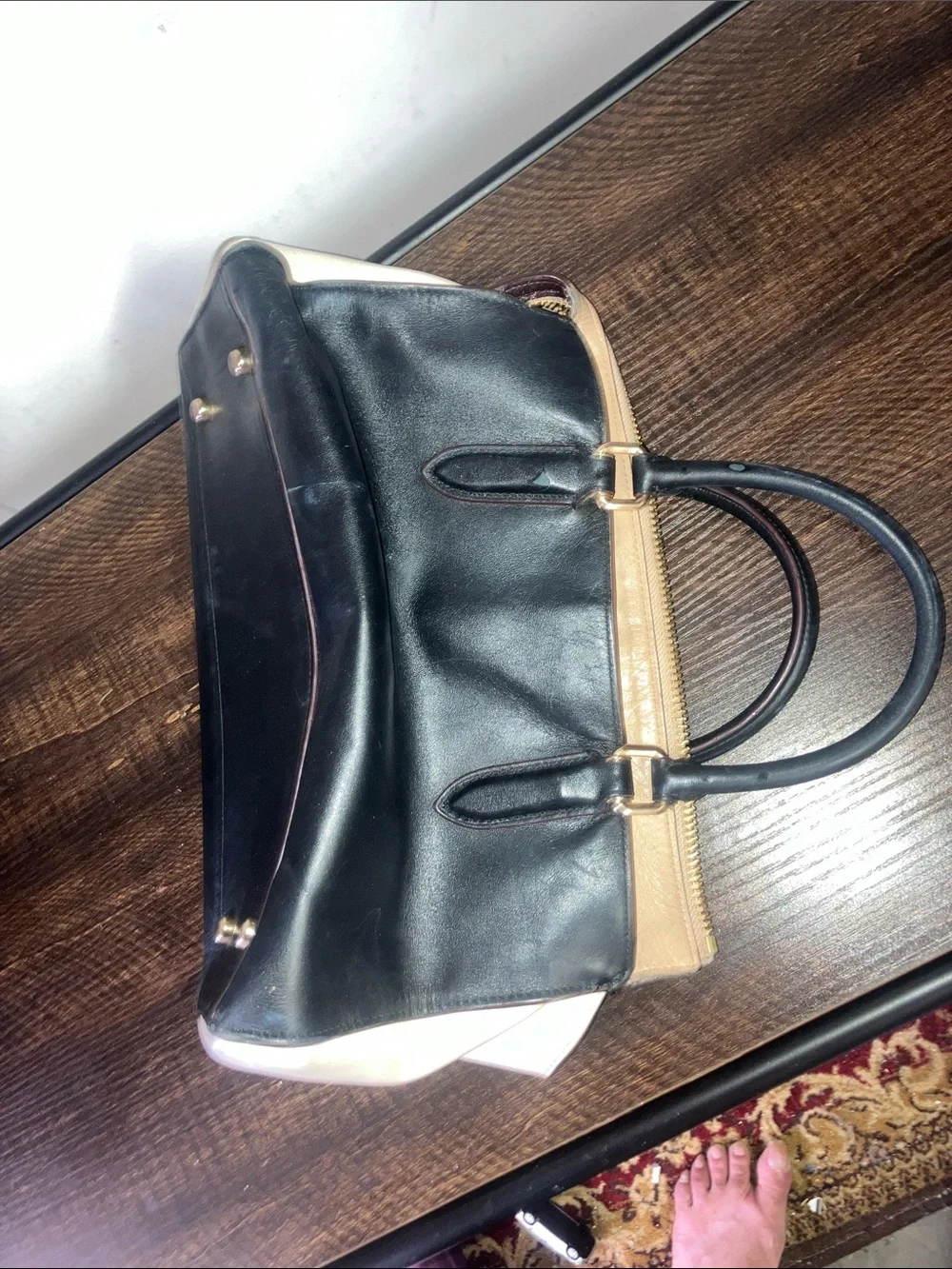 Coach Two-Tone Leather Satchel in Black and Beige